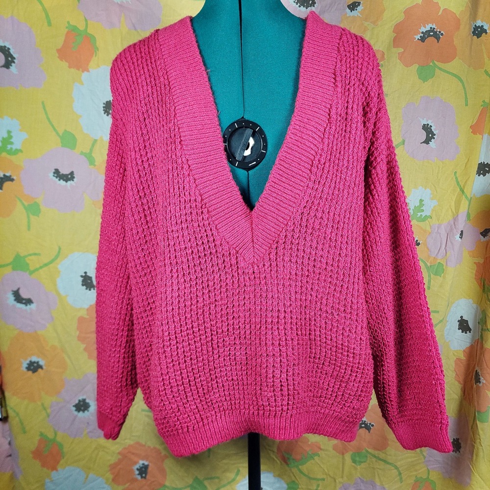 Croquet Club Vintage 80s Bright Pink Deep V-Neck Chunky Knit Sweater Small